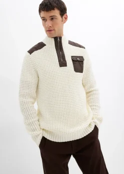 Pull camionneur en grosse maille avec empiècements en tissu