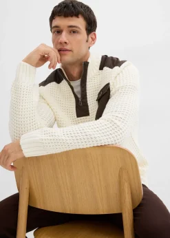 Pull camionneur en grosse maille avec empiècements en tissu