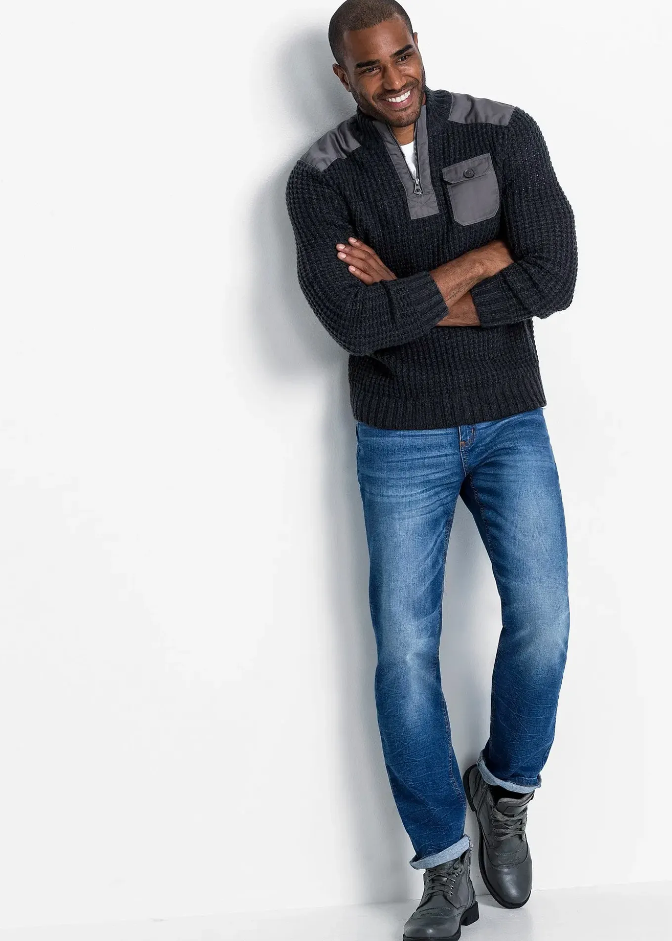 Pull camionneur en grosse maille avec empiècements en tissu