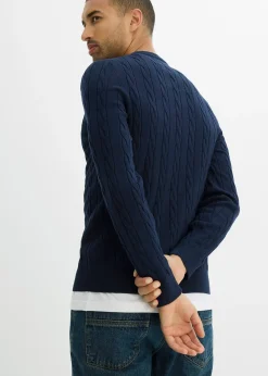 Pull doux à torsades en fine maille de coton majoritaire, slim