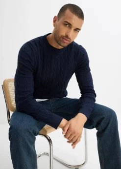 Pull doux à torsades en fine maille de coton majoritaire, slim