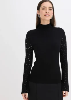 Pull en fine maille à manches trompette décorées de strass