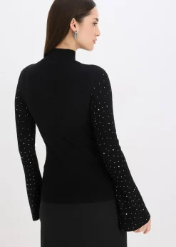 Pull en fine maille à manches trompette décorées de strass