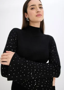 Pull en fine maille à manches trompette décorées de strass