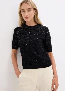Pull manches coudes en fine maille avec strass