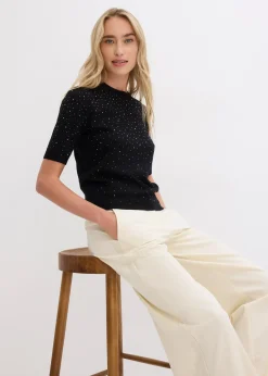 Pull manches coudes en fine maille avec strass