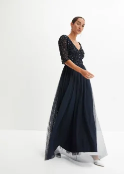 Robe de soirée en tulle avec haut brodé de sequins