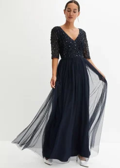 Robe de soirée en tulle avec haut brodé de sequins
