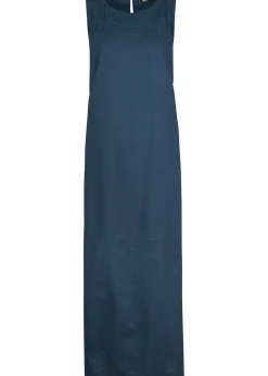 Robe longue avec lin majoritaire, motif ajouré au décolleté et fentes latérales