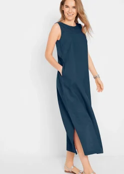 Robe longue avec lin majoritaire, motif ajouré au décolleté et fentes latérales