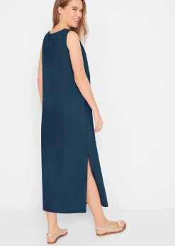 Robe longue avec lin majoritaire, motif ajouré au décolleté et fentes latérales