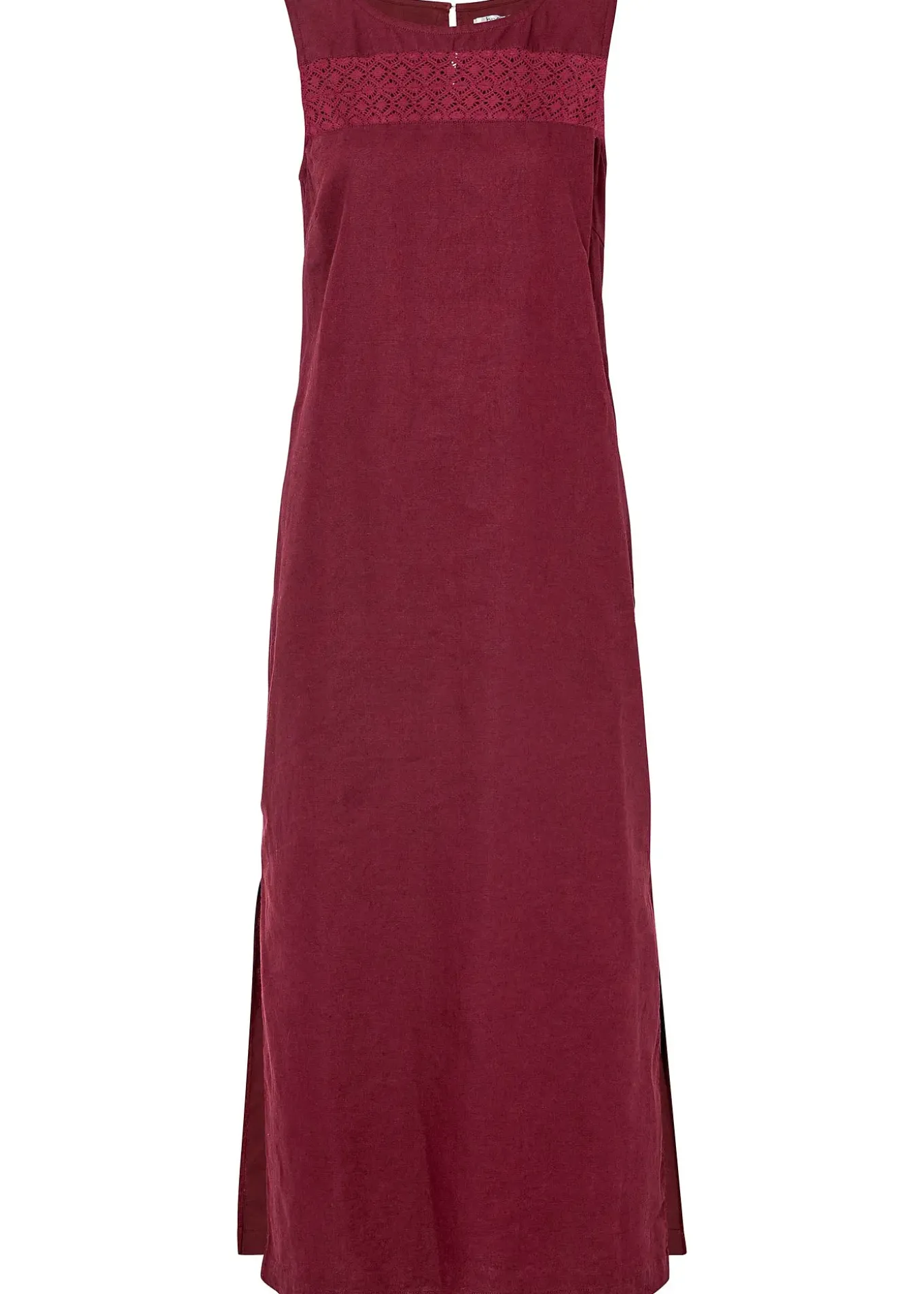 Robe longue avec lin majoritaire, motif ajouré au décolleté et fentes latérales