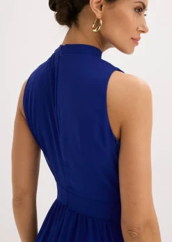 Robe longue en crêpe à col montant et empiècement taille