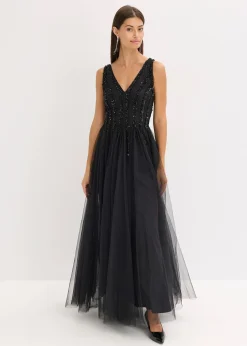 Robe longue en tulle fin avec sequins brodés
