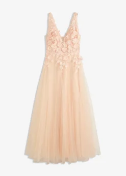 Robe longue en tulle fin avec fleurs appliquées