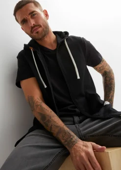 Sweat zippé à capuche sans manches en coton mélangé