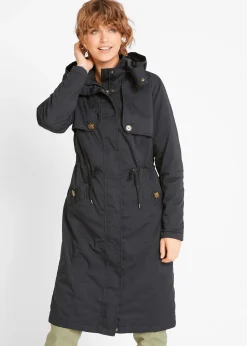 Trenchcoat long à capuche, cintré, légèrement doublé