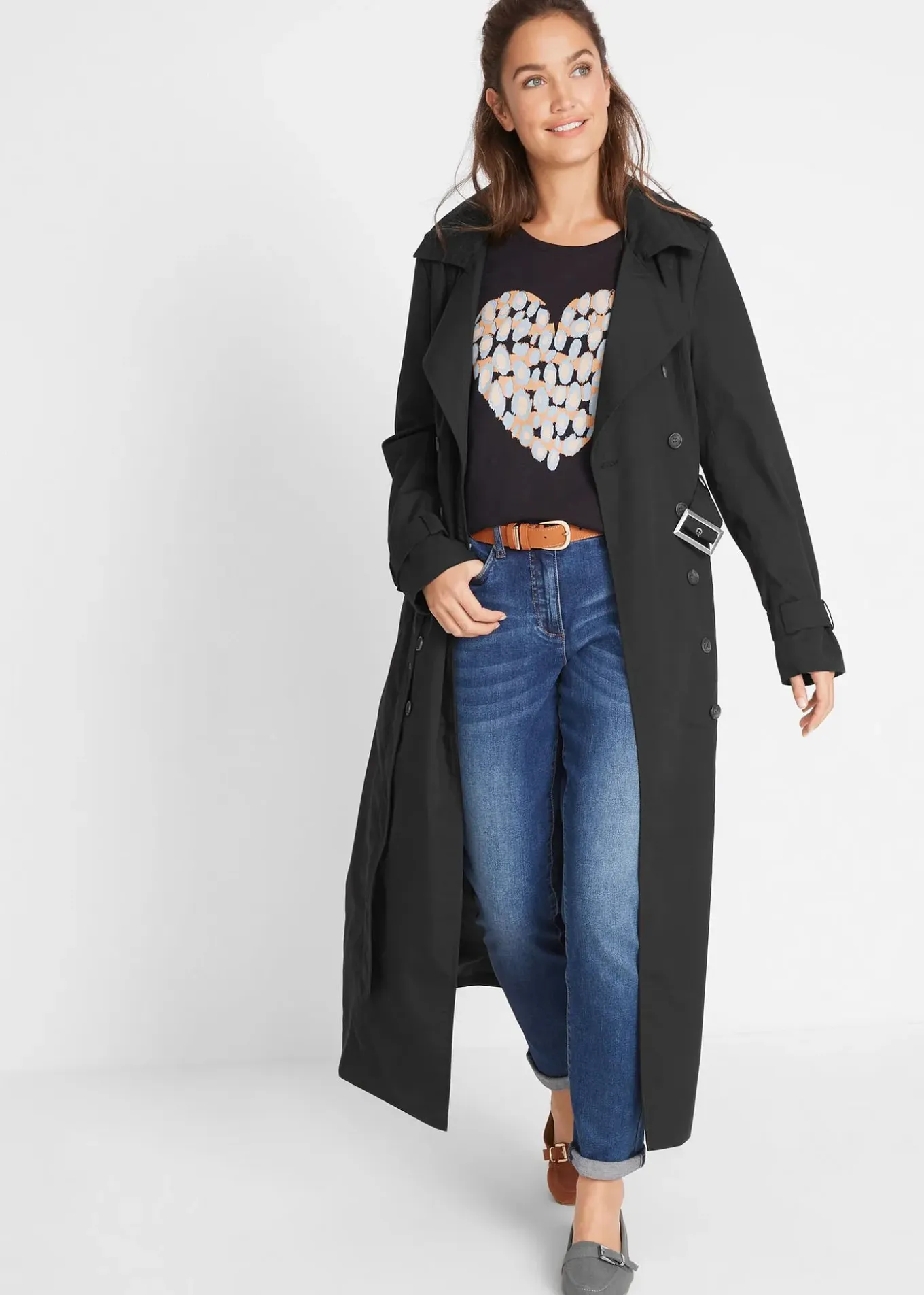 Trench-coat long ceinturé à la taille