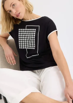 T-shirt à imprimé placé et passepoil contrastant