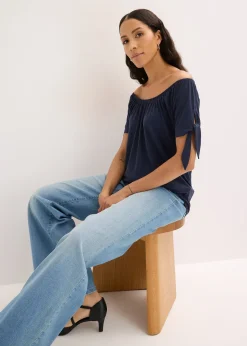 T-shirt col Bardot à détail nœud