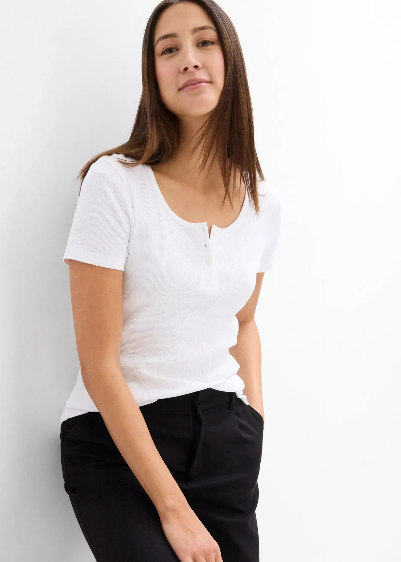 T-shirt col tunisien, 100% coton