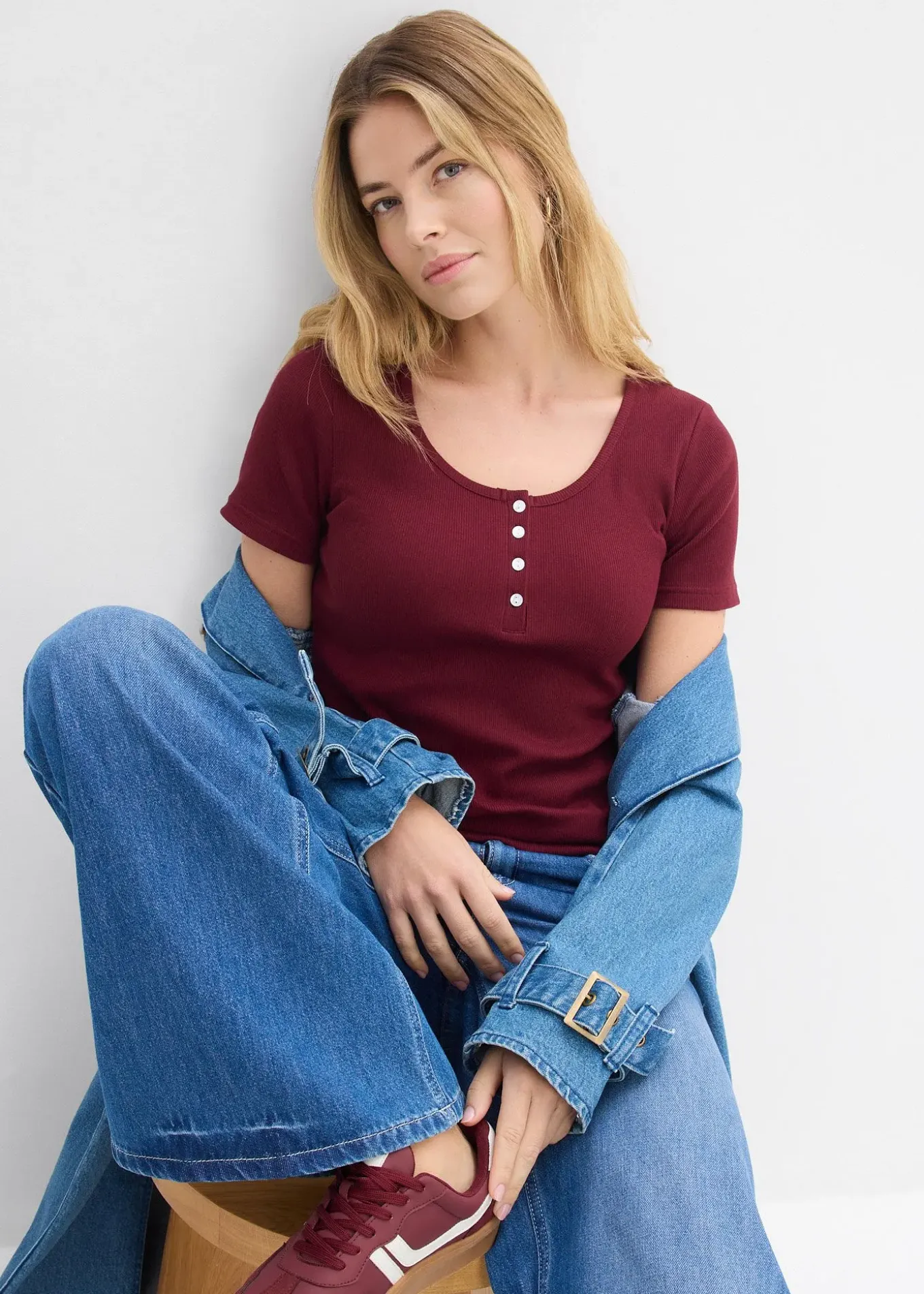 T-shirt col tunisien, 100% coton