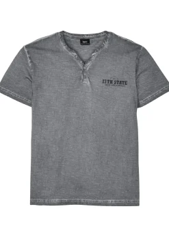 T-shirt col tunisien, aspect délavé, 100% coton