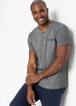 T-shirt col tunisien, aspect délavé, 100% coton