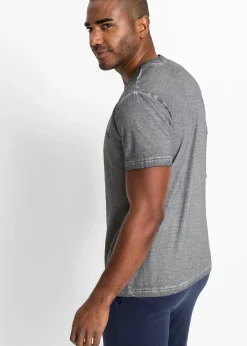 T-shirt col tunisien, aspect délavé, 100% coton