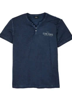 T-shirt col tunisien, aspect délavé, 100% coton