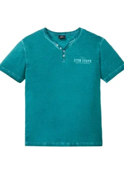 T-shirt col tunisien, aspect délavé, 100% coton