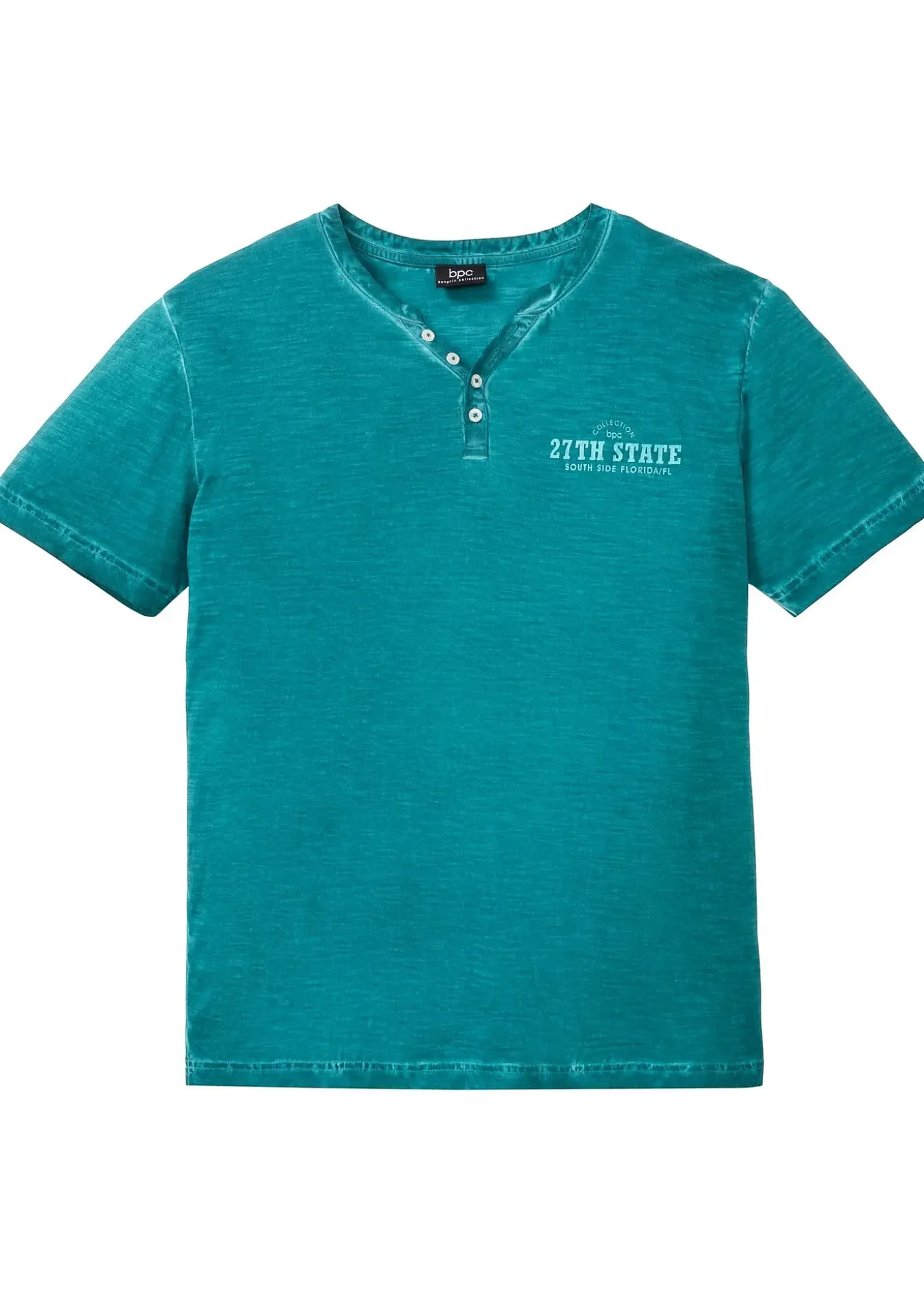 T-shirt col tunisien, aspect délavé, 100% coton