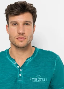 T-shirt col tunisien, aspect délavé, 100% coton