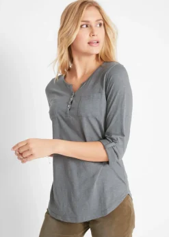 T-shirt col tunisien boutonné à manches longues