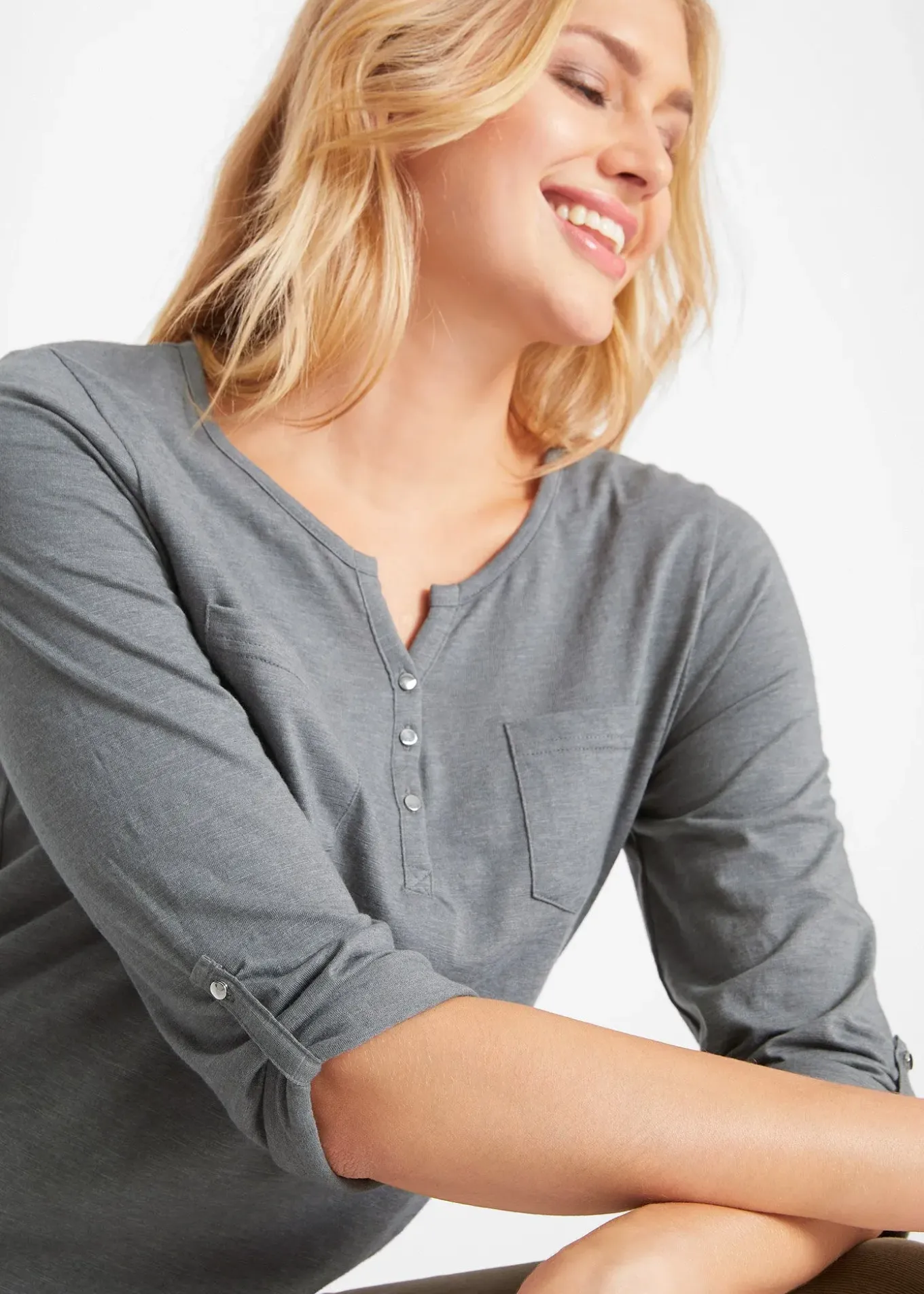 T-shirt col tunisien boutonné à manches longues