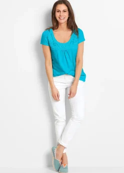 T-shirt coton et dentelle, manches courtes