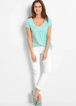 T-shirt coton et dentelle, manches courtes