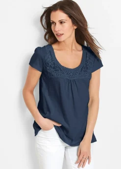 T-shirt coton et dentelle, manches courtes