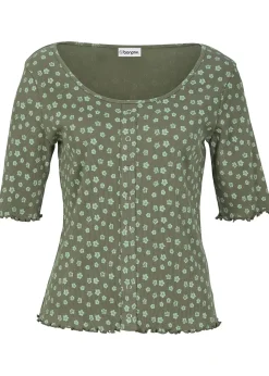 T-shirt côtelé à imprimé floral, manches coude