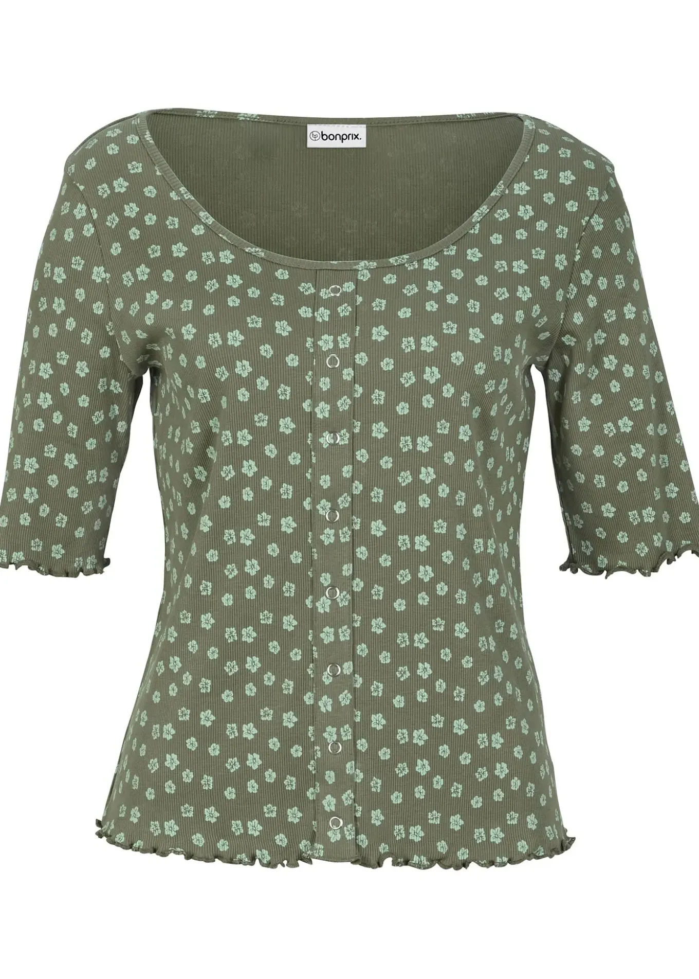 T-shirt côtelé à imprimé floral, manches coude