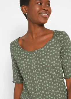 T-shirt côtelé à imprimé floral, manches coude