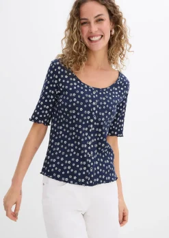 T-shirt côtelé à imprimé floral, manches coude