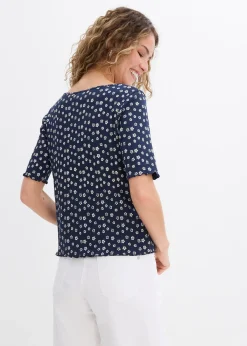 T-shirt côtelé à imprimé floral, manches coude