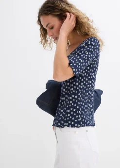 T-shirt côtelé à imprimé floral, manches coude