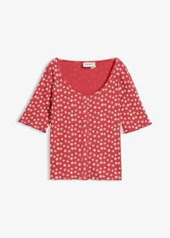T-shirt côtelé à imprimé floral, manches coude