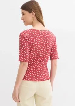 T-shirt côtelé à imprimé floral, manches coude