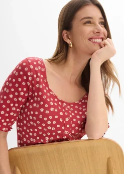 T-shirt côtelé à imprimé floral, manches coude