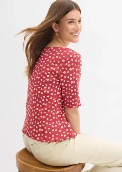 T-shirt côtelé à imprimé floral, manches coude