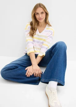 T-shirt en coton flammé, manches 3/4