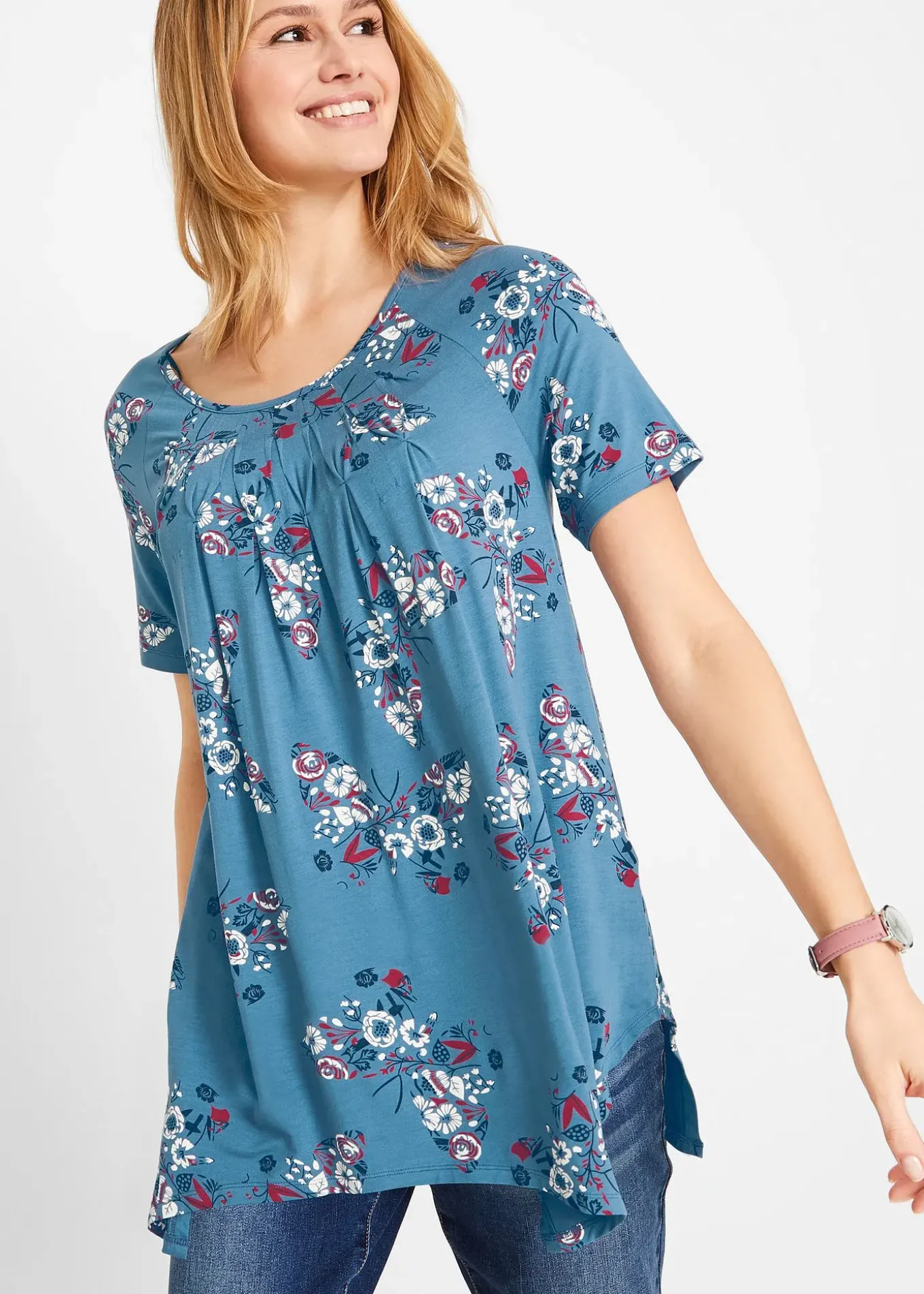 T-shirt long à pans, manches courtes